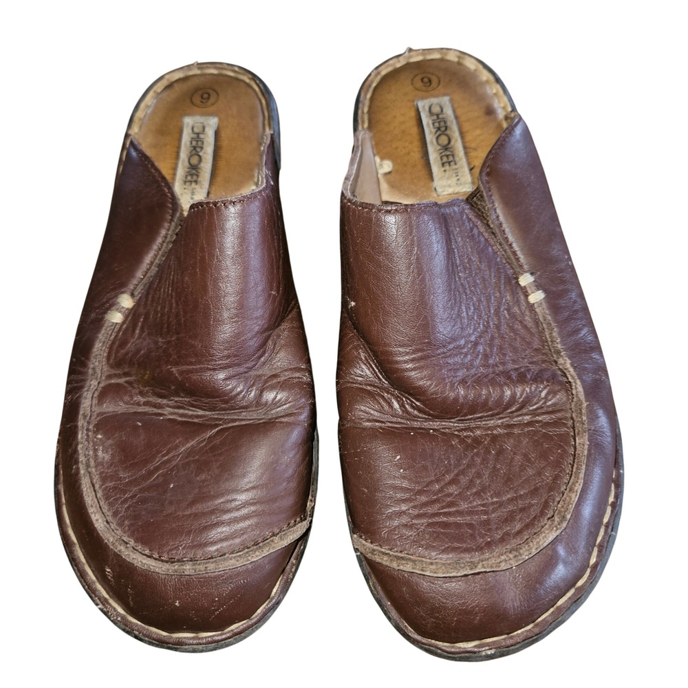 Cherokee WMN 9 Brown Leather Mules Slip On Clogs Low Wedge Comfort Shoes Casual